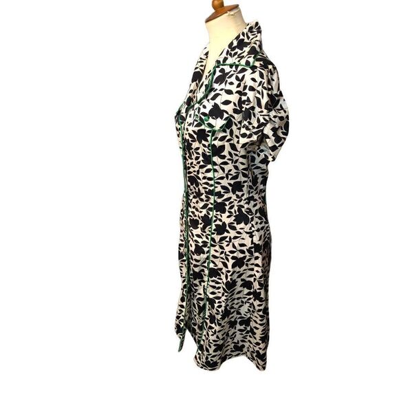 Marianne black and white floral button front with green satin buttoned and trim - Picture 7 of 16